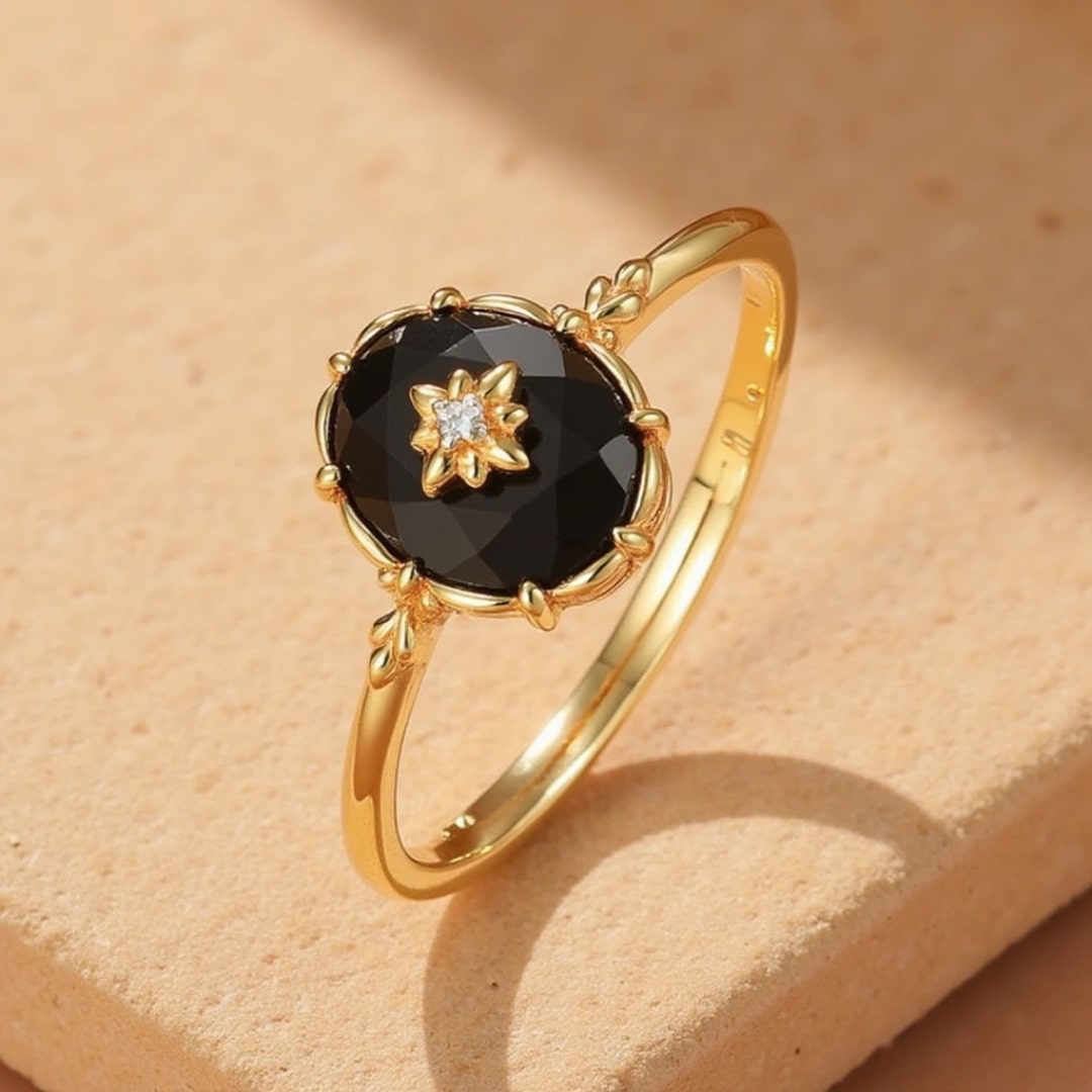 The adjustable black agate ring on a finger - KARMAKIND