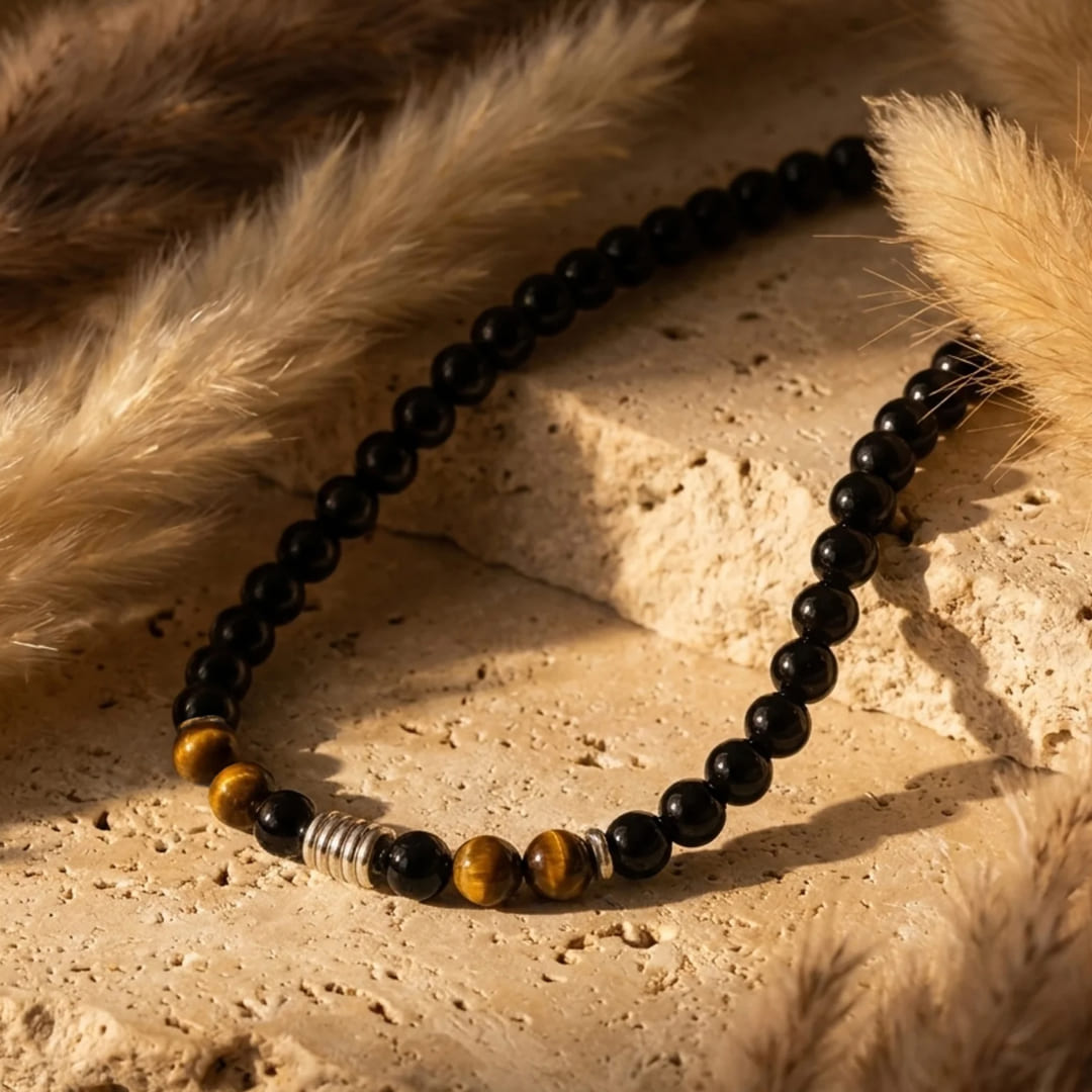 "Shield of Wisdom" Necklace in Black Obsidian & Tiger's Eye - KARMAKIND