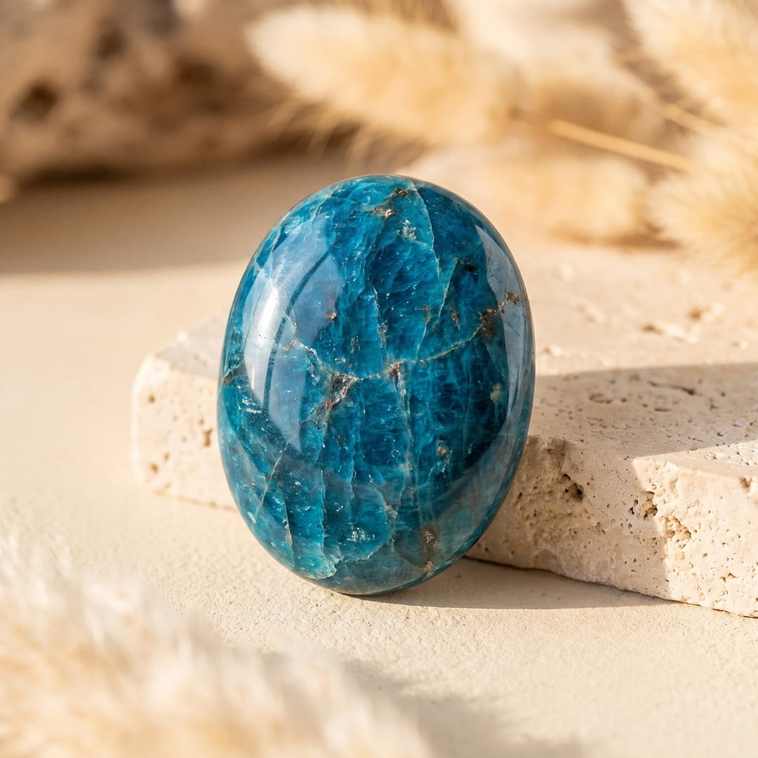 Polished Blue Apatite pebble with golden veins - KARMAKIND