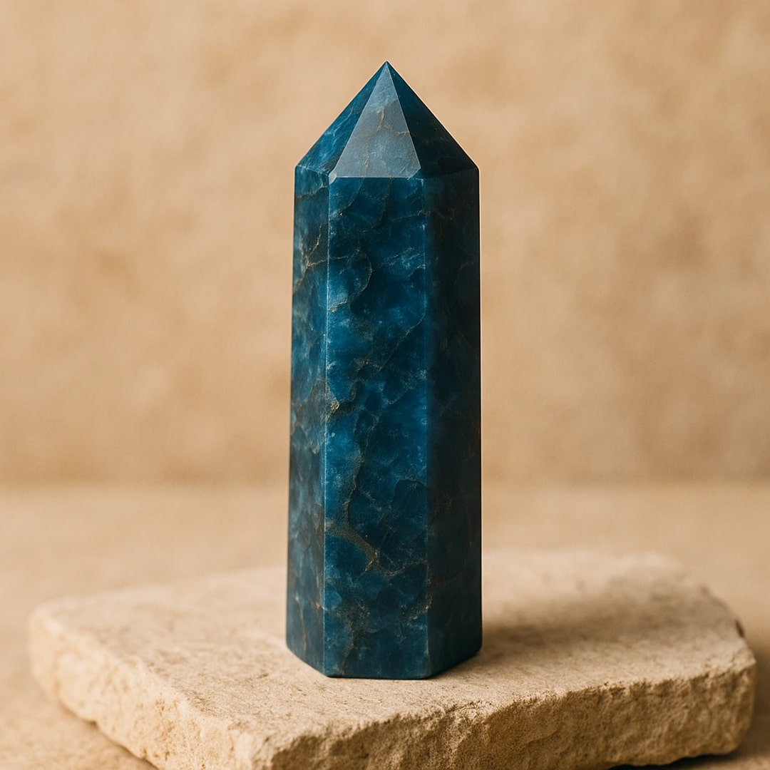 Blue Apatite Point crystal symbolizing clarity - KARMAKIND