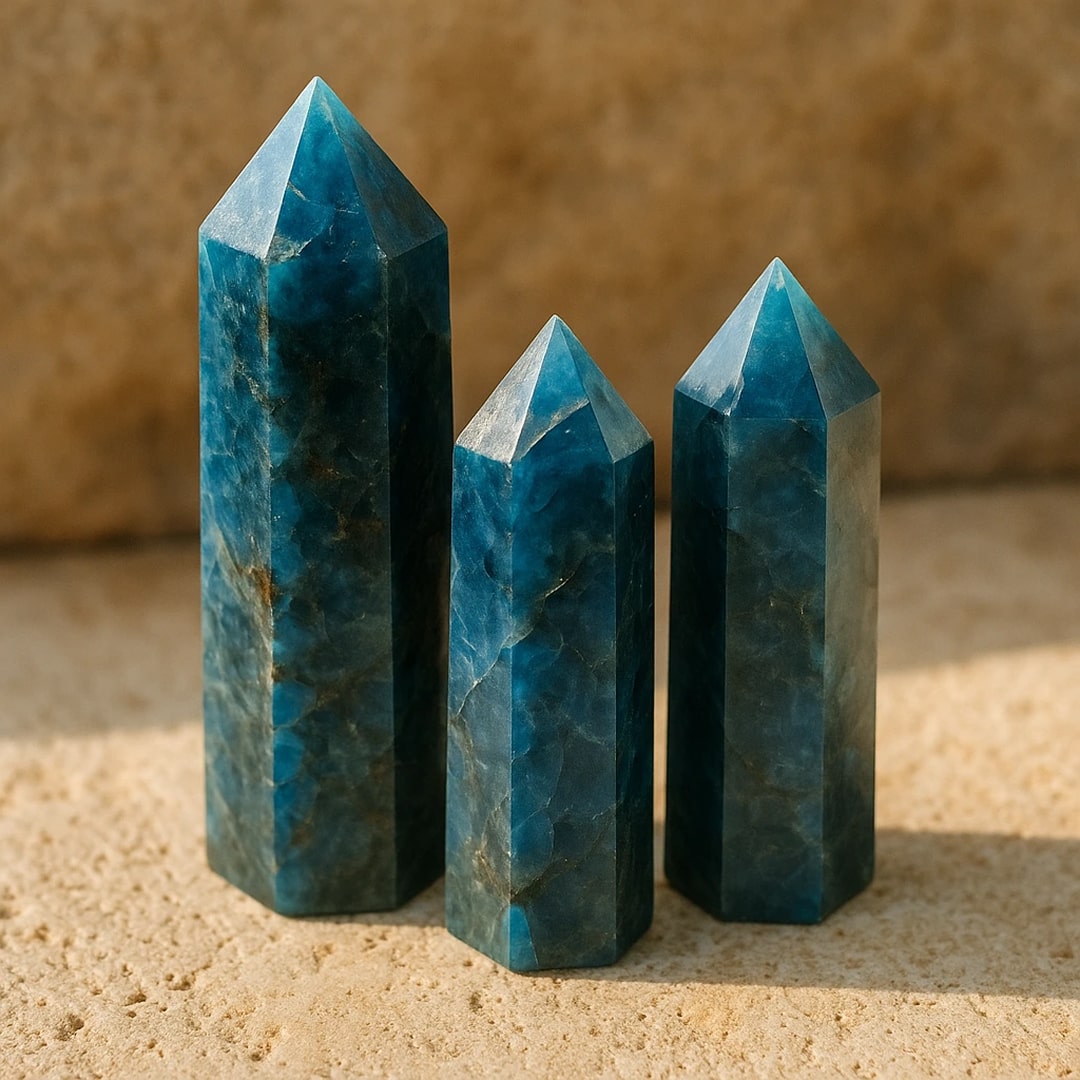 Close-up of the Blue Apatite Point showcasing its deep color - KARMAKIND