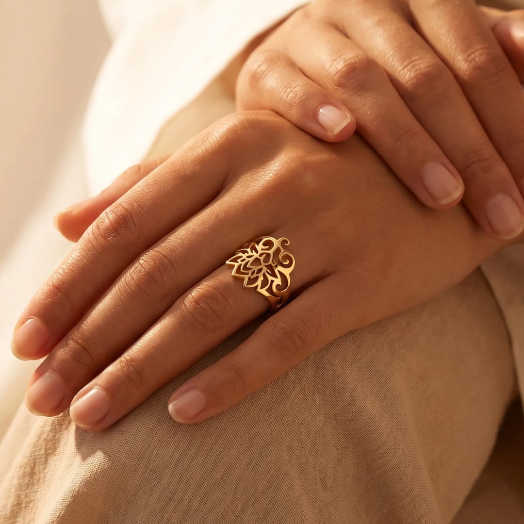 Close-up of the lotus flower design on the ring