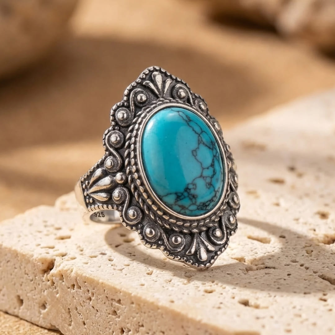 Bohemian turquoise ring with sculpted setting - KARMAKIND