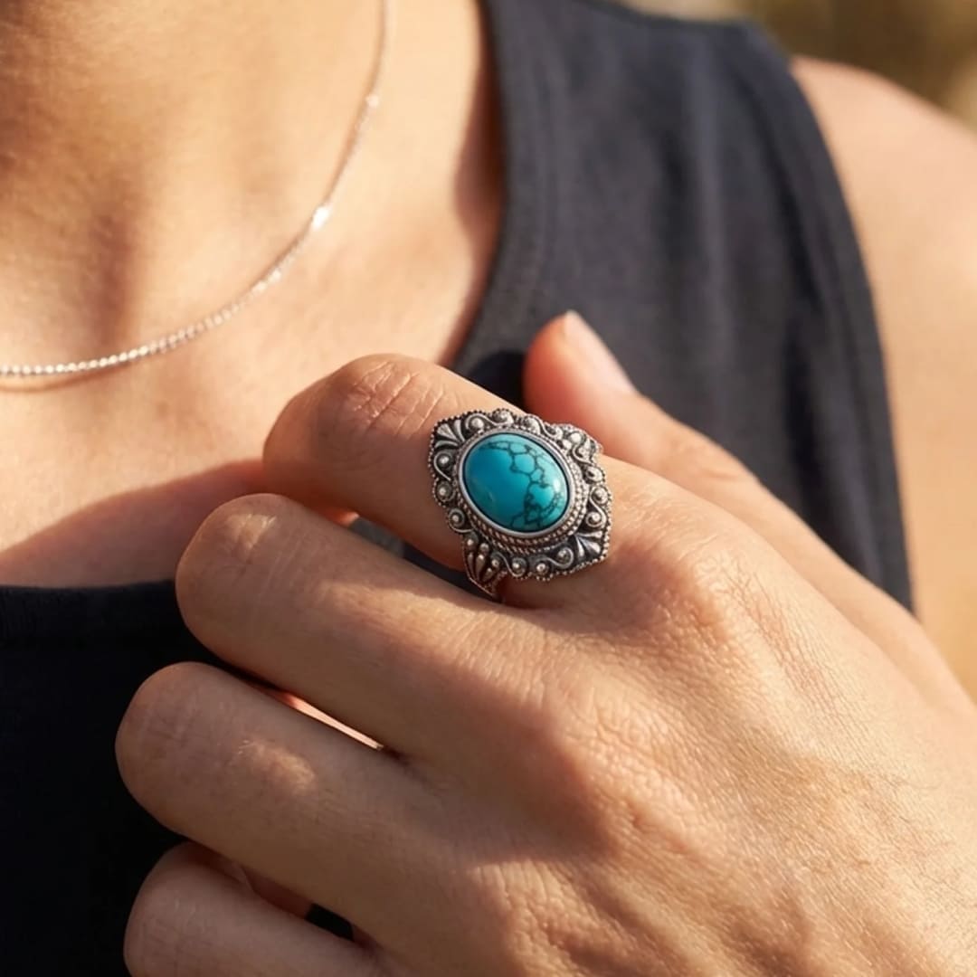 Close-up of the turquoise stone in the ring - KARMAKIND