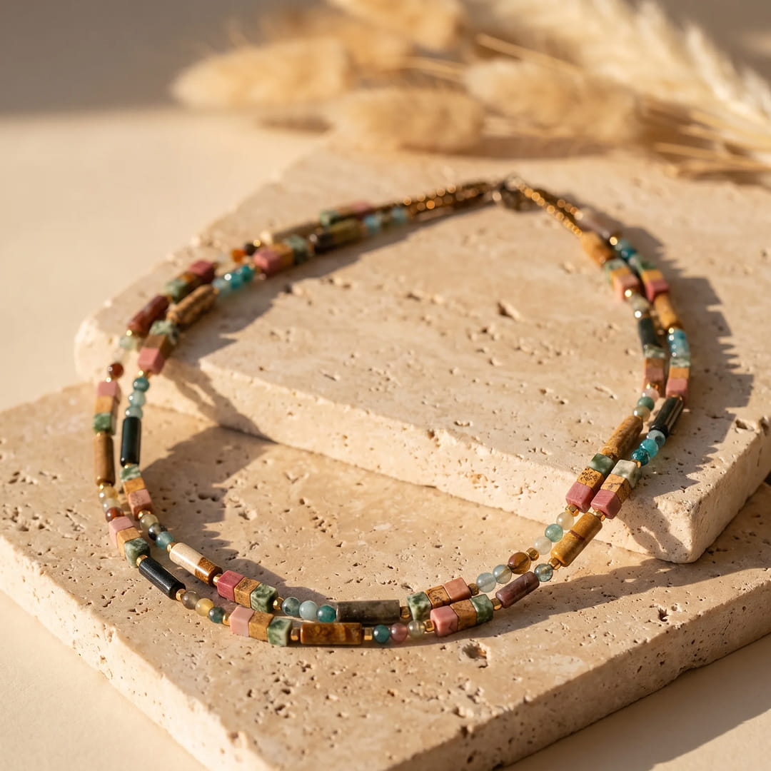 Boho Chic Natural Stone Necklace with landscape jasper, rhodochrosite, and agates - KARMAKIND