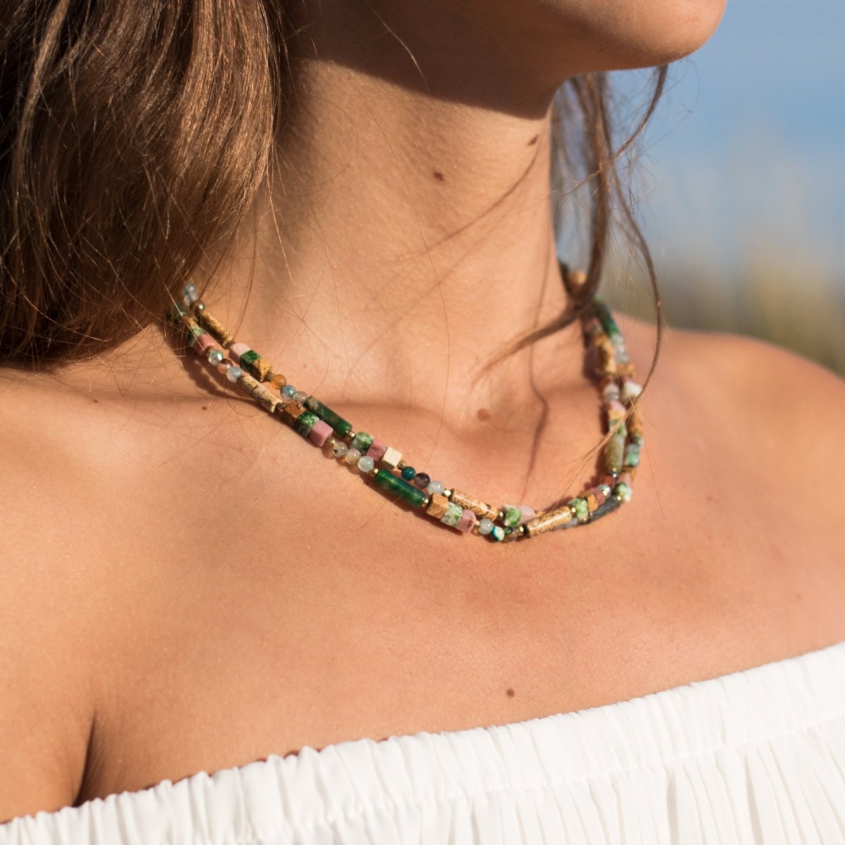 Close-up of the unique stones in the boho necklace - KARMAKIND