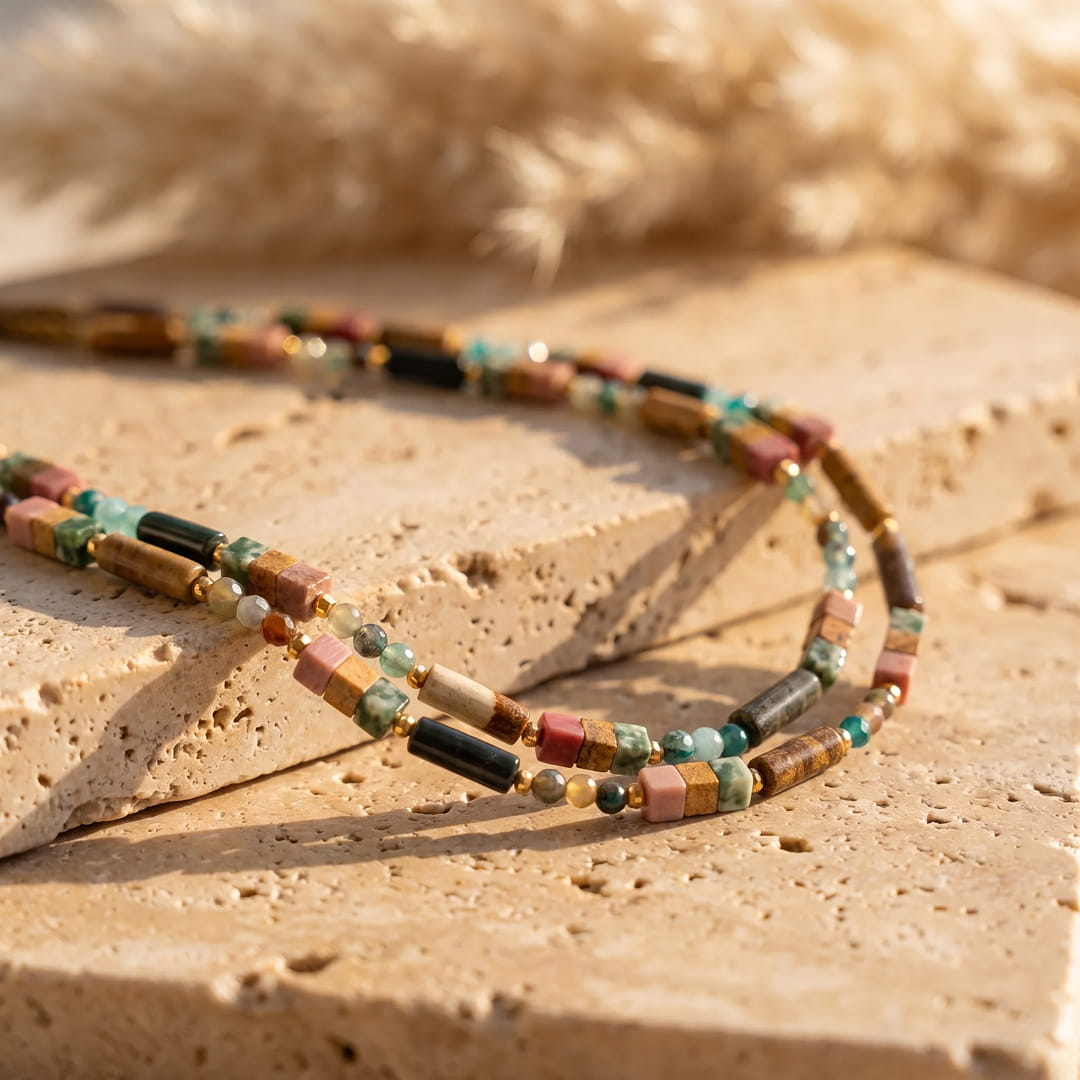 Detail of the two rows of free-form beads on the necklace - KARMAKIND
