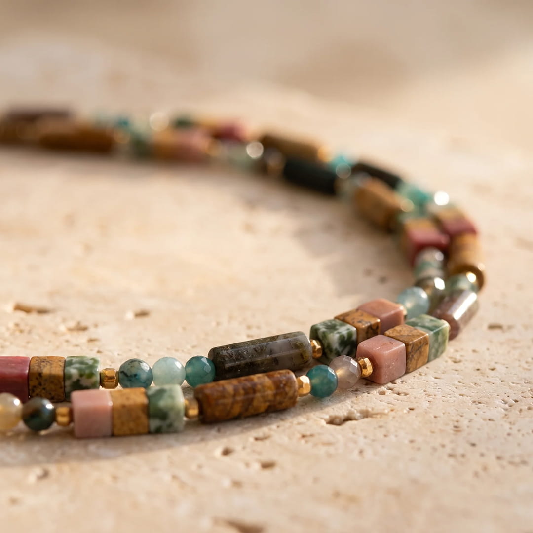 Lifestyle image of the boho necklace worn - KARMAKIND