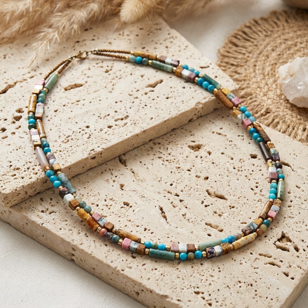 The necklace laid out to show the color variations - KARMAKIND