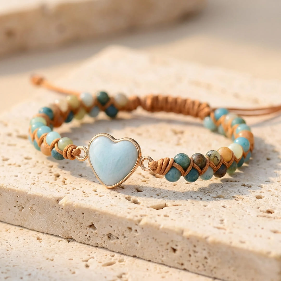 Braided amazonite bracelet with a heart-shaped center stone