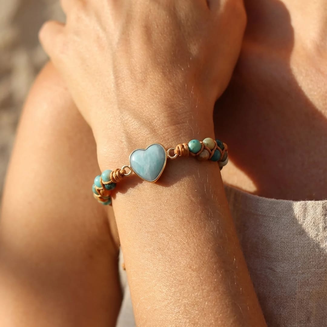 Close-up of the amazonite heart on the bracelet