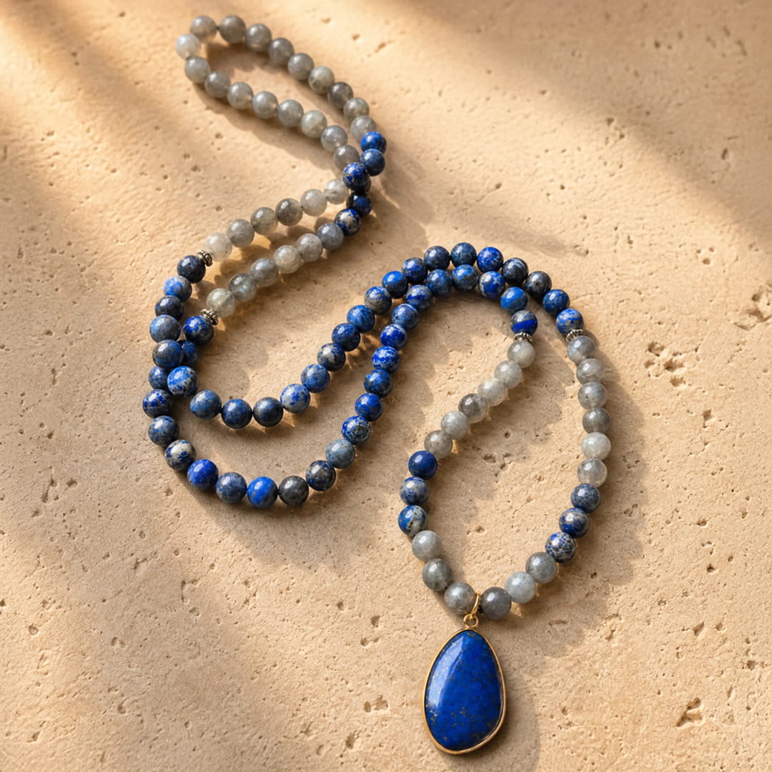 Celestial Anchoring Mala Necklace in Lapis Lazuli and Labradorite - KARMAKIND