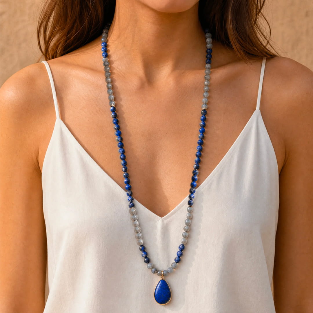 Close-up of Lapis Lazuli beads on the mala necklace - KARMAKIND