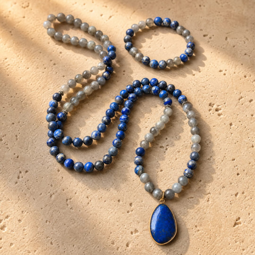 Labradorite beads showing their unique shimmer on the mala - KARMAKIND