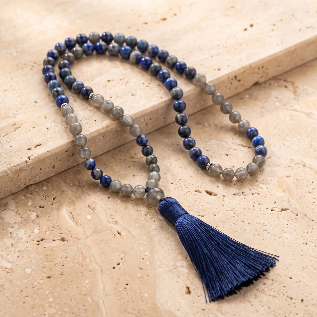 Full view of the Lapis Lazuli and Labradorite mala - KARMAKIND