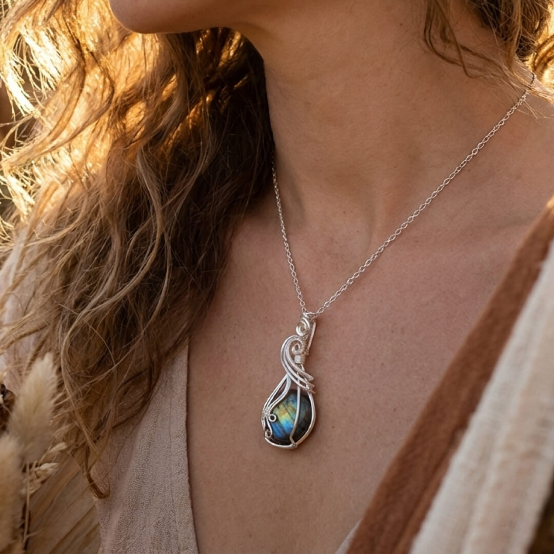 Close-up of the blue and gold reflections on the Labradorite stone - KARMAKIND