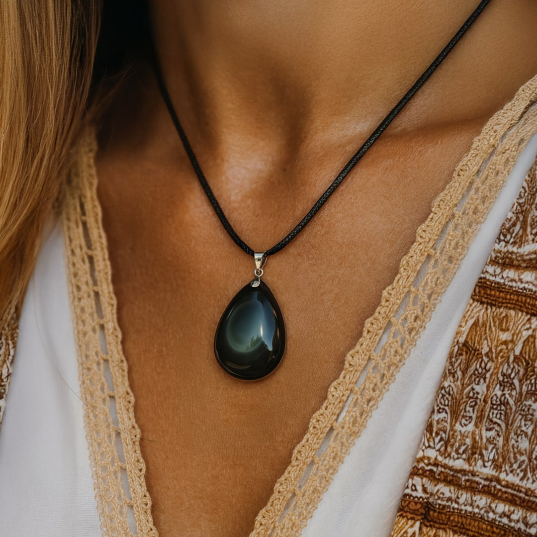 Close-up of the Celestial Eye Obsidian pendant from KARMAKIND