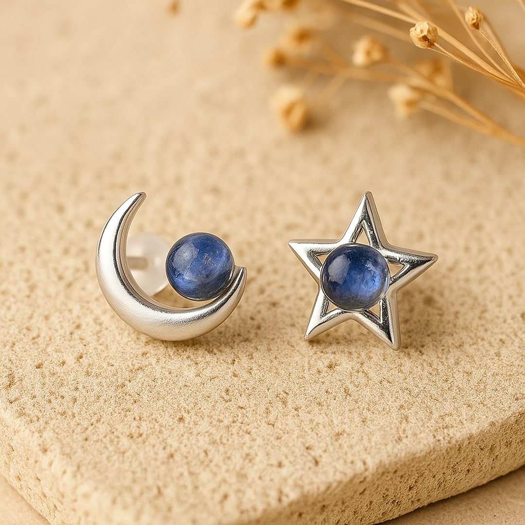 "Moon Star" earrings featuring labradorite stones, silver moons, and stars - KARMAKIND