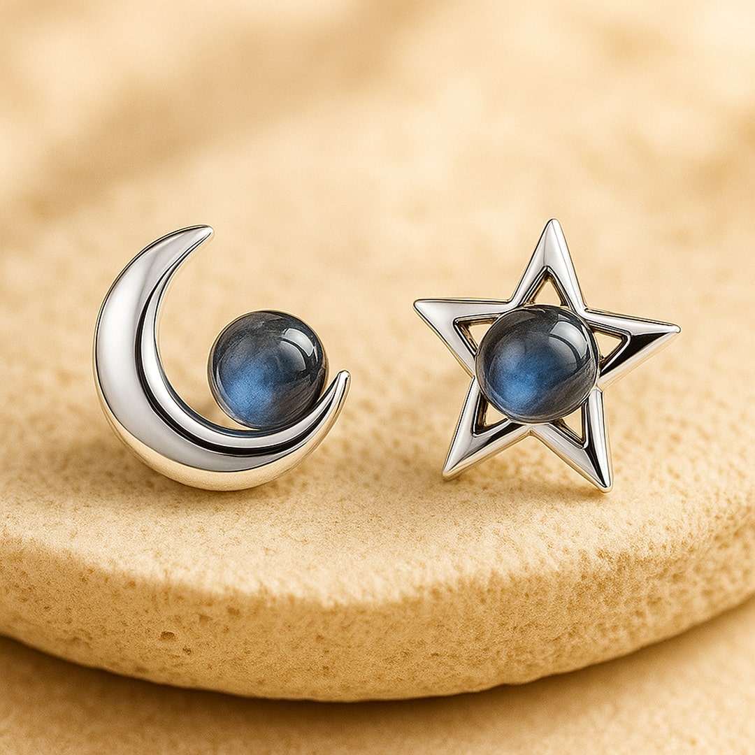 Model wearing the "Moon Star" labradorite earrings - KARMAKIND