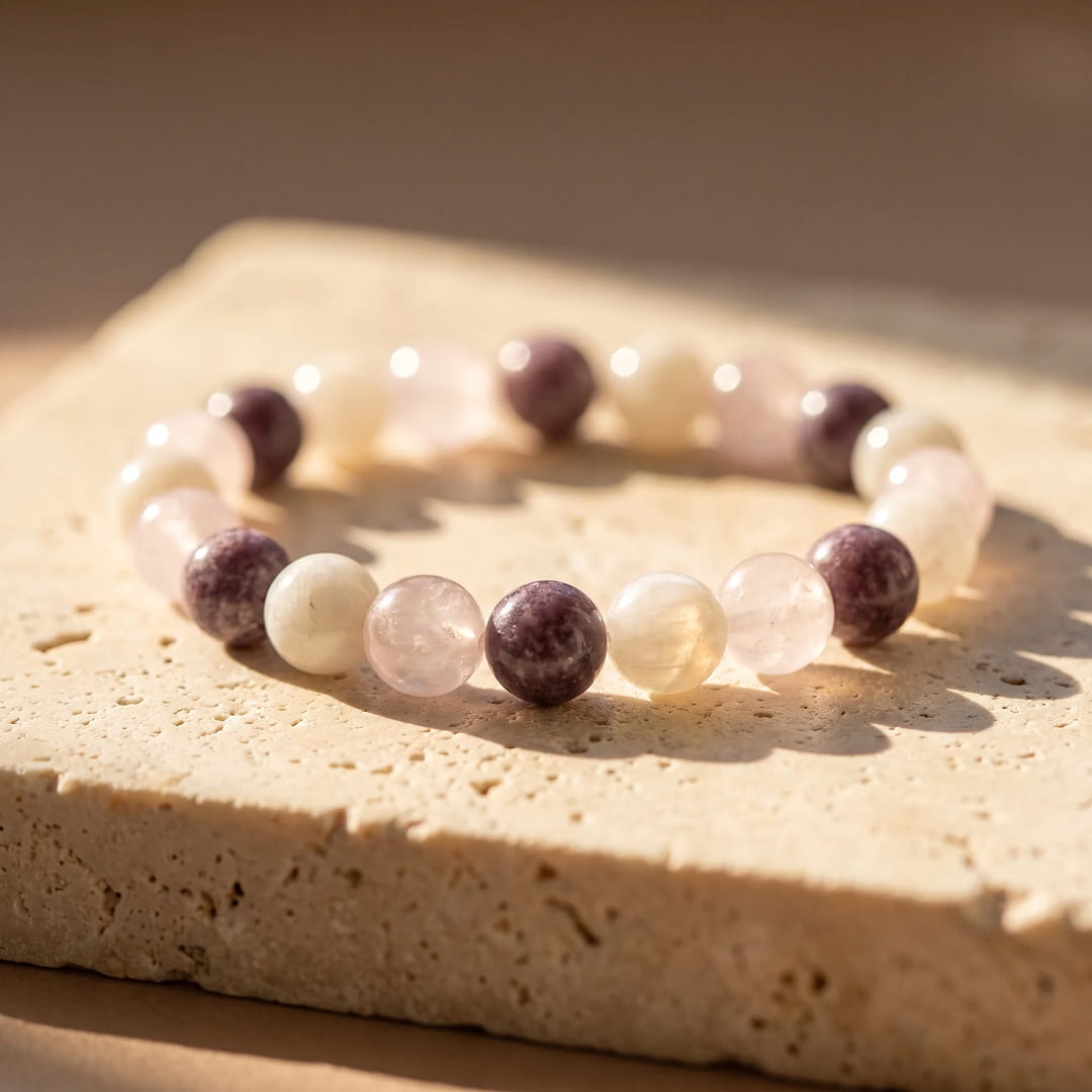 Celestial Softness Bracelet with Moonstone, Rose Quartz, Lepidolite - KARMAKIND