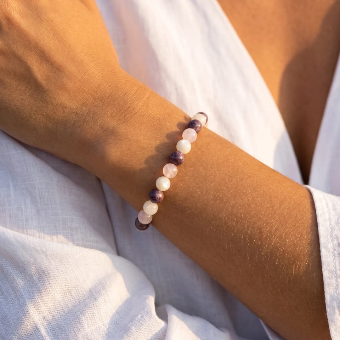 Close-up of the Moonstone, Rose Quartz, and Lepidolite beads - KARMAKIND