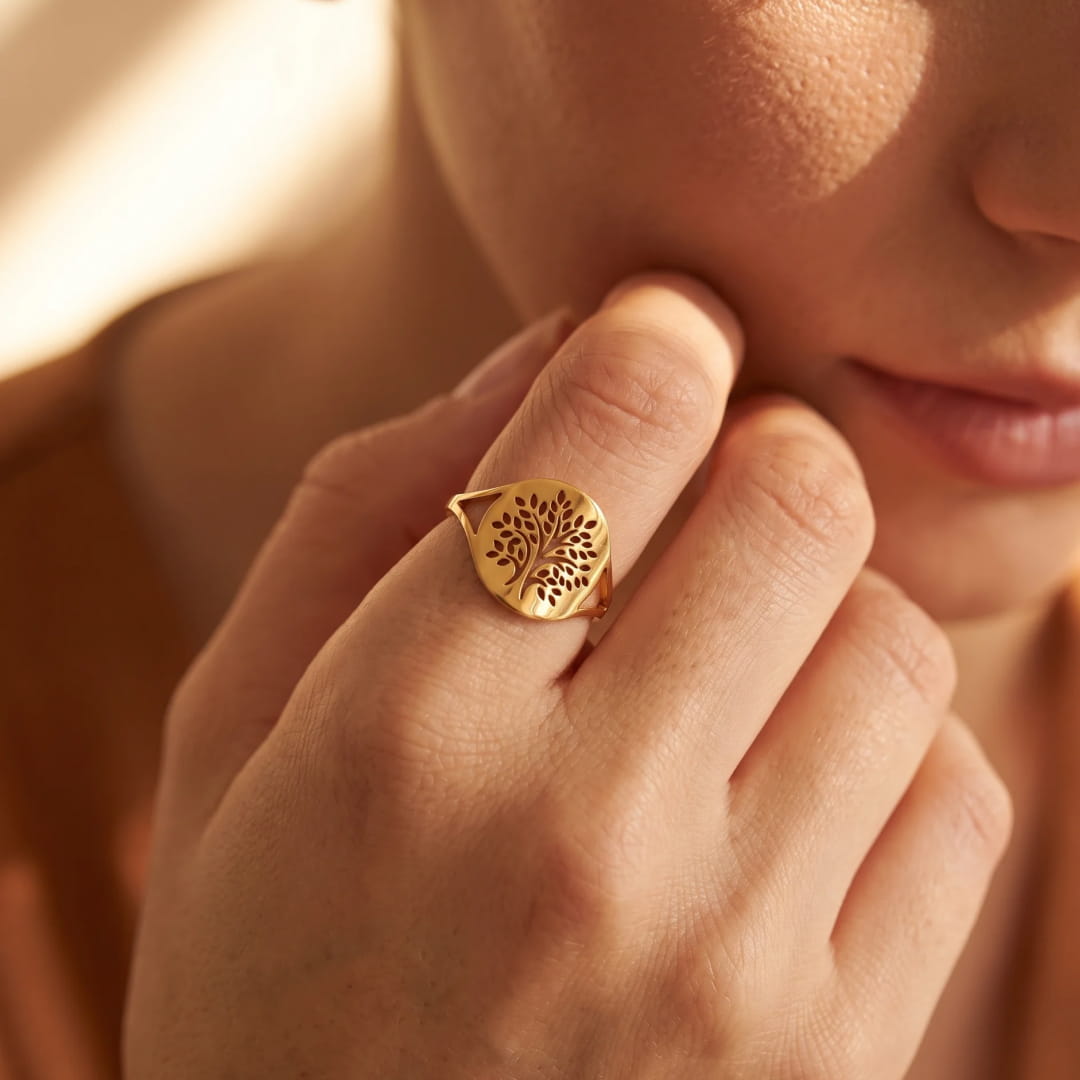 Close-up of the intricate openwork tree design on the ring - KARMAKIND