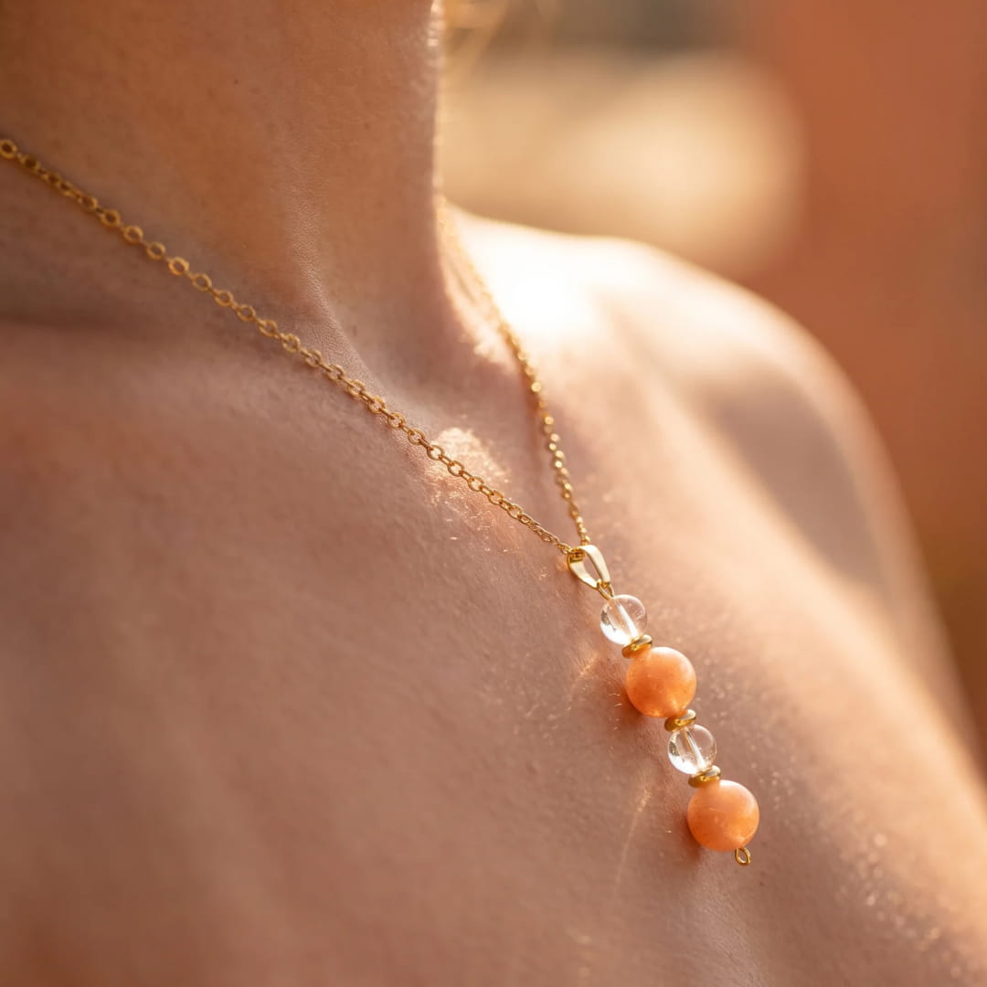 Sunstone and Rock Crystal beads with gold accents - KARMAKIND