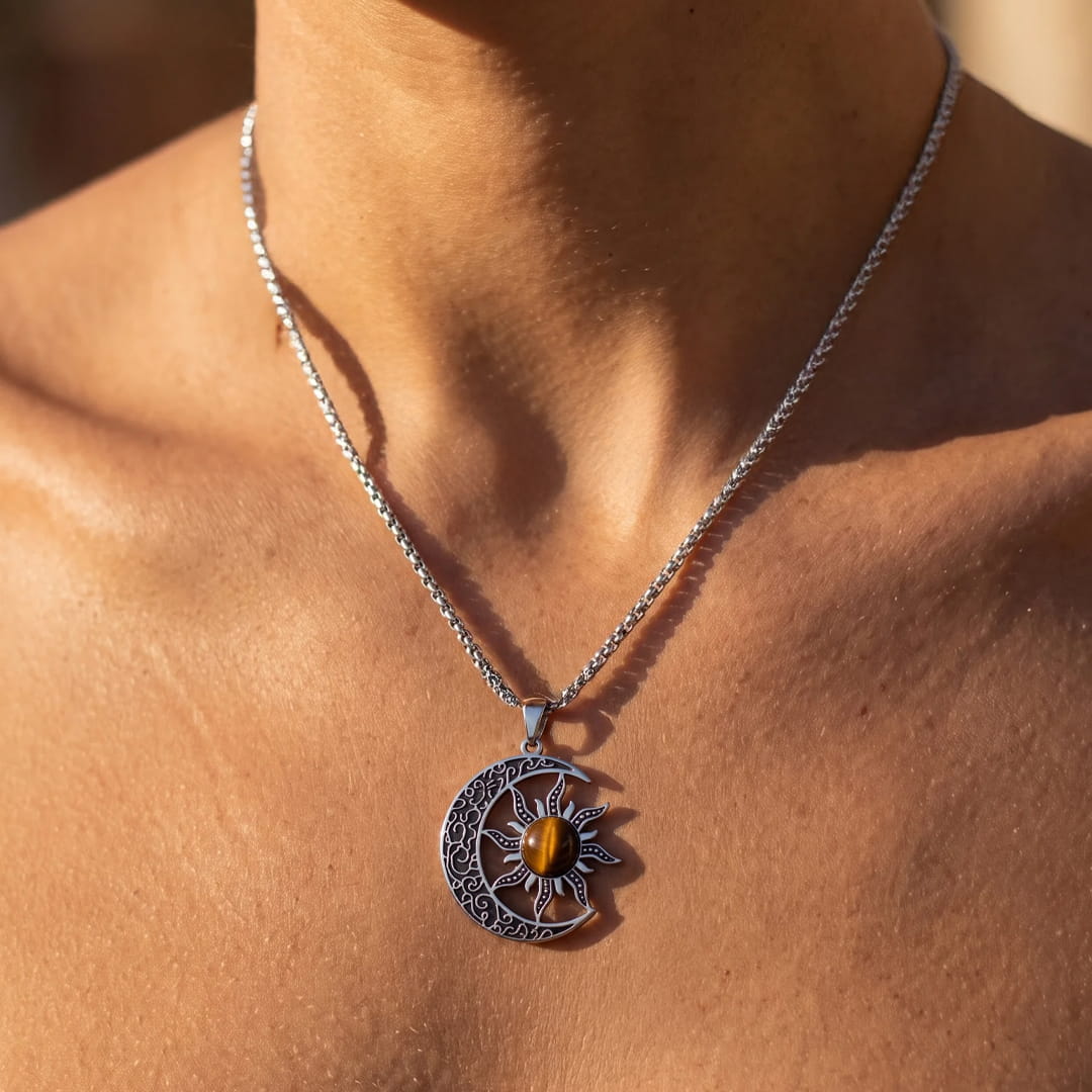 Close-up of Tiger's Eye stone on the Moon-Sun Pendant - KARMAKIND