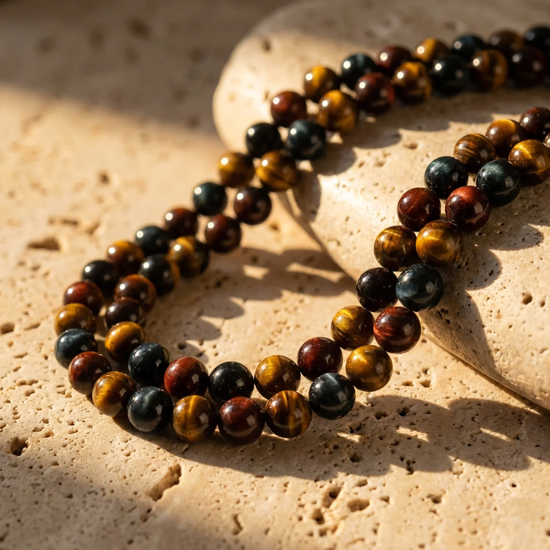 Multi-Eye Necklace with Tiger's Eye, Hawk's Eye, and Bull's Eye beads - KARMAKIND