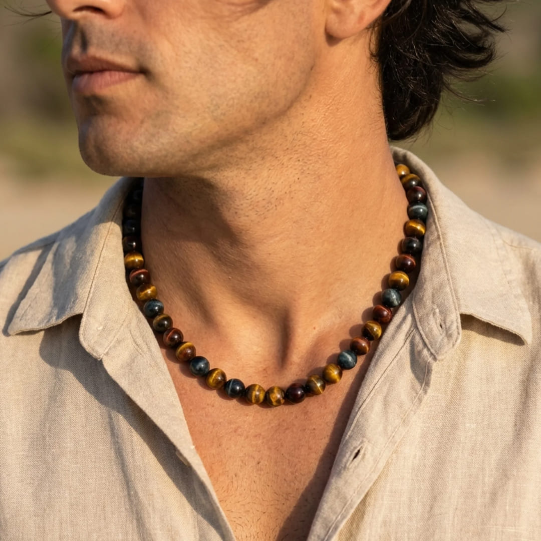 Close-up of Tiger's Eye bead showing golden reflections - KARMAKIND