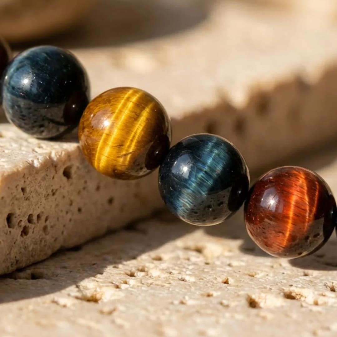 Close-up of Hawk's Eye bead showing deep blue color - KARMAKIND