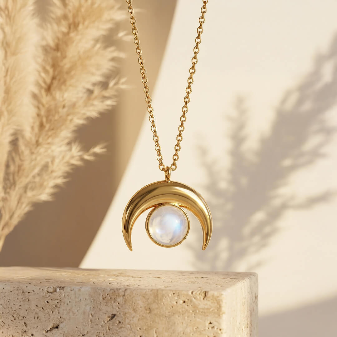 Crescent Moon Necklace in Moonstone - KARMAKIND