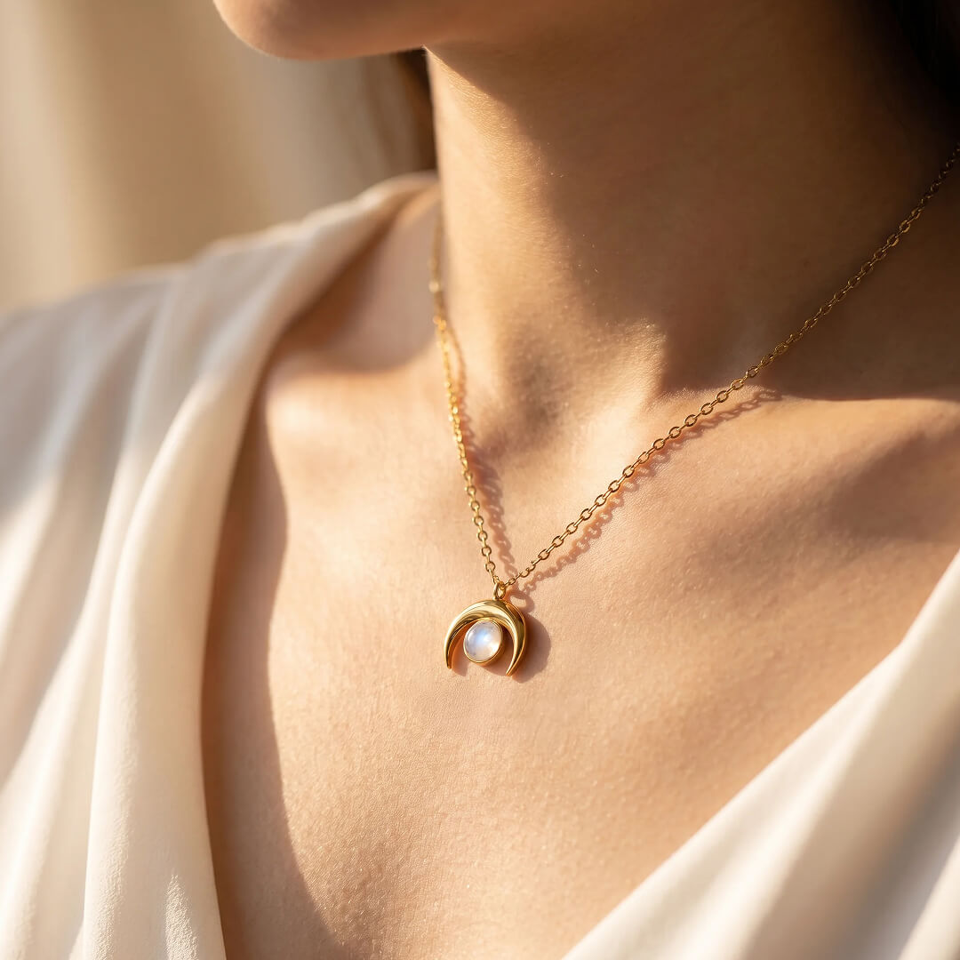 Close-up of the moonstone pendant on the Crescent Moon Necklace - KARMAKIND