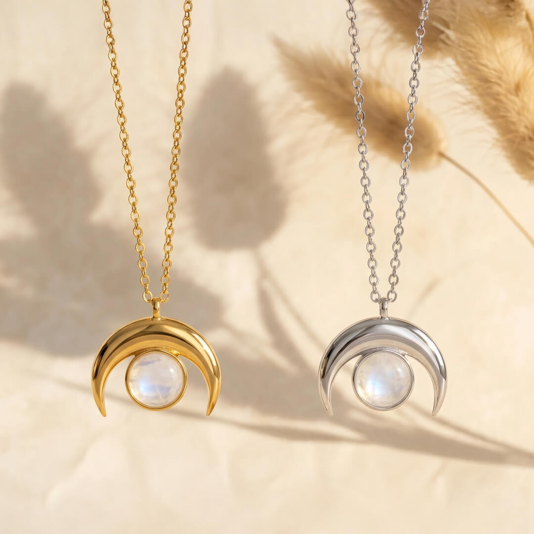 Detailed view of the polished metal setting holding the moonstone - KARMAKIND