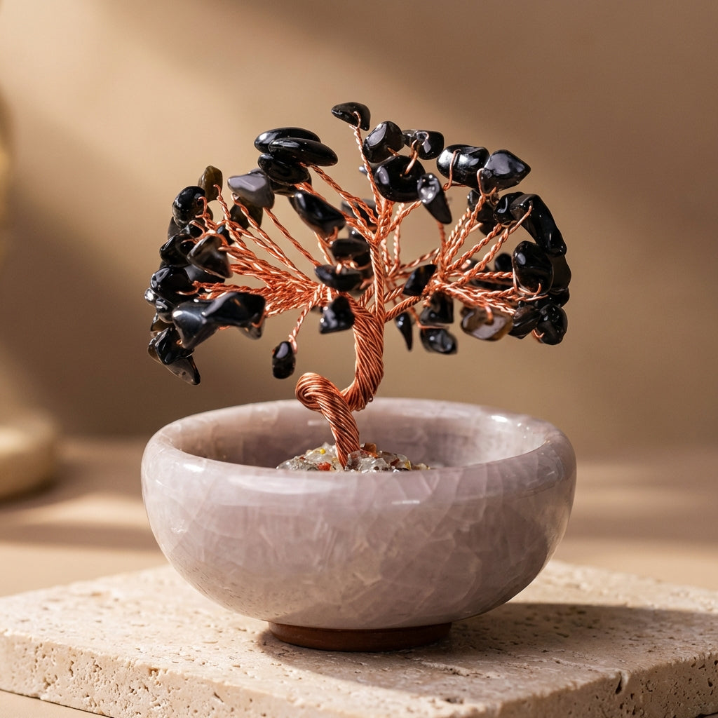 A desk decorated with the zen stone tree - KARMAKIND