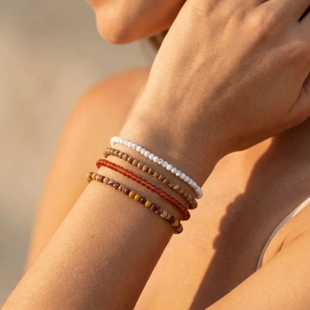 Close-up of Thin 4mm Natural Stone Bead Bracelet showing intricate bead detail - KARMAKIND