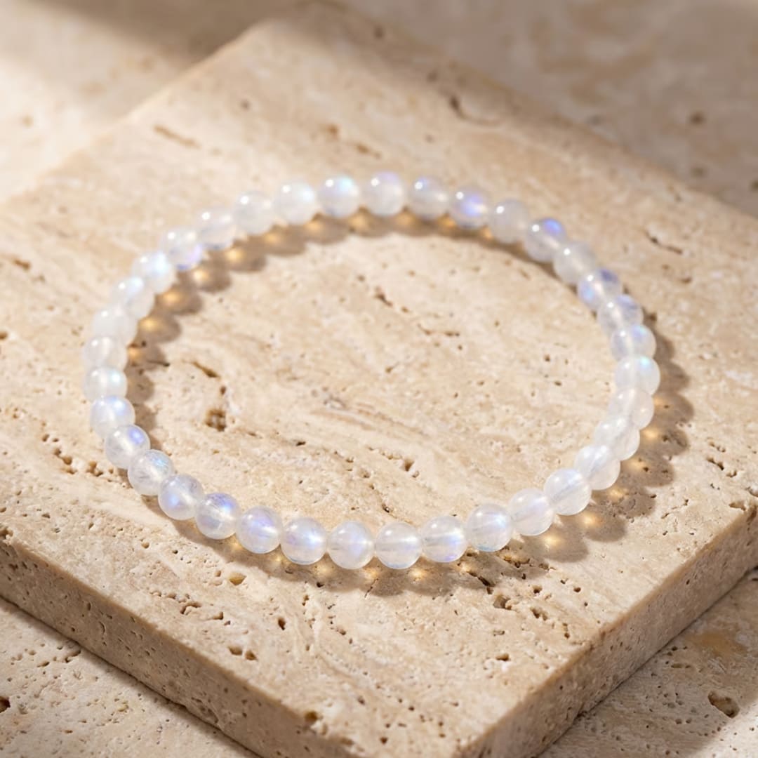 Model wearing a Delicate Natural Stone Bead Bracelet on her wrist - KARMAKIND