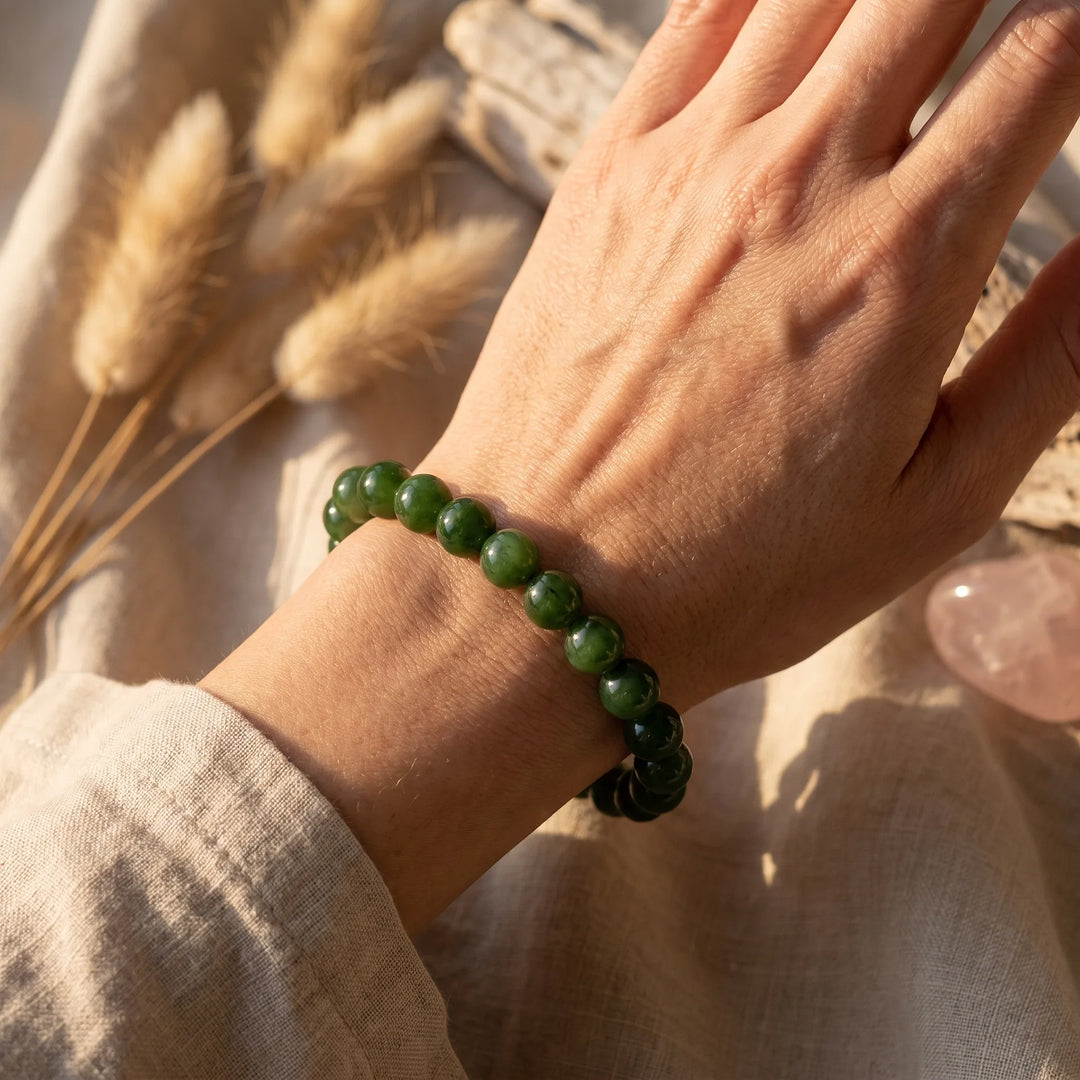 Close-up of polished Nephrite Jade beads - KARMAKIND