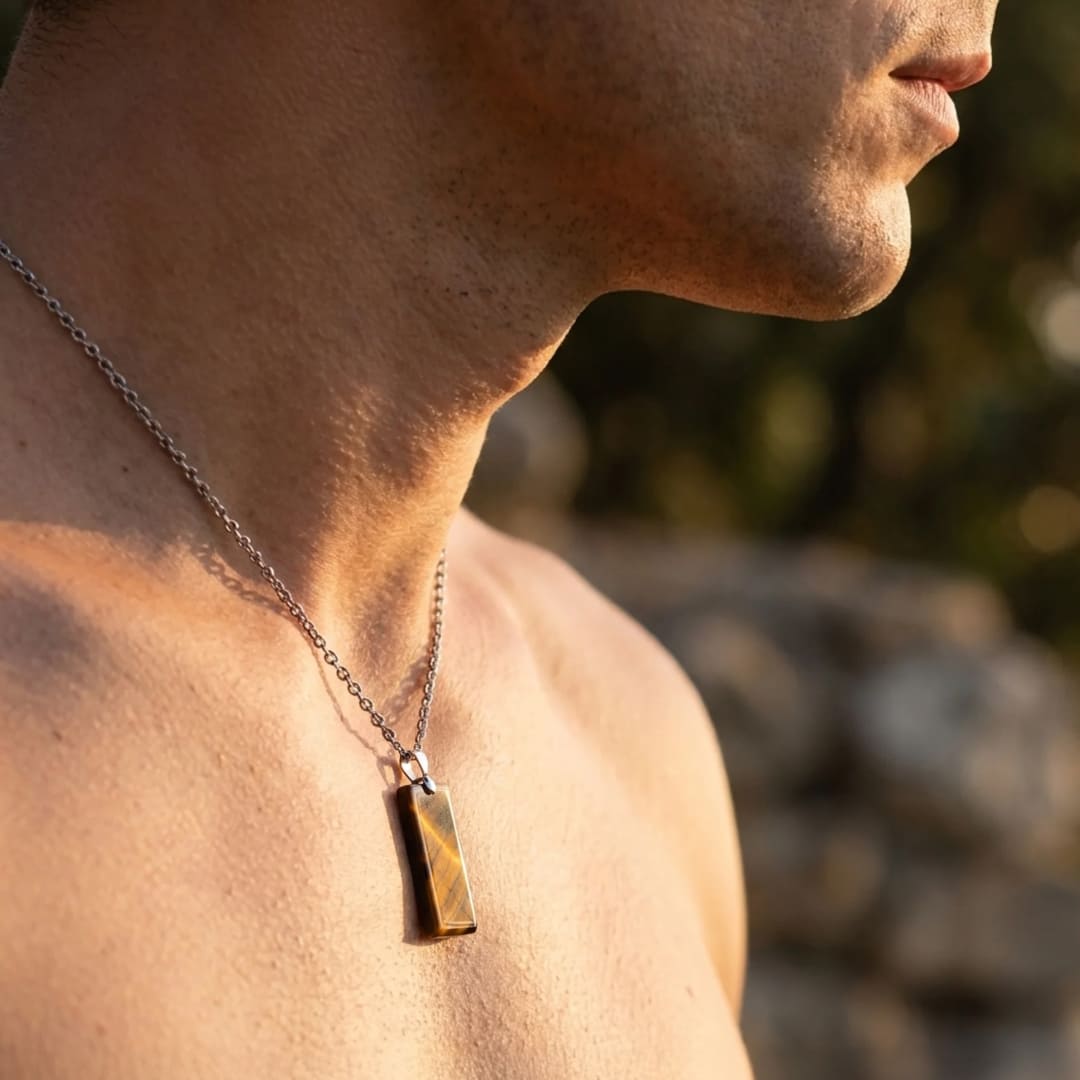 Close-up of Tiger's Eye stone on the men's pendant - KARMAKIND