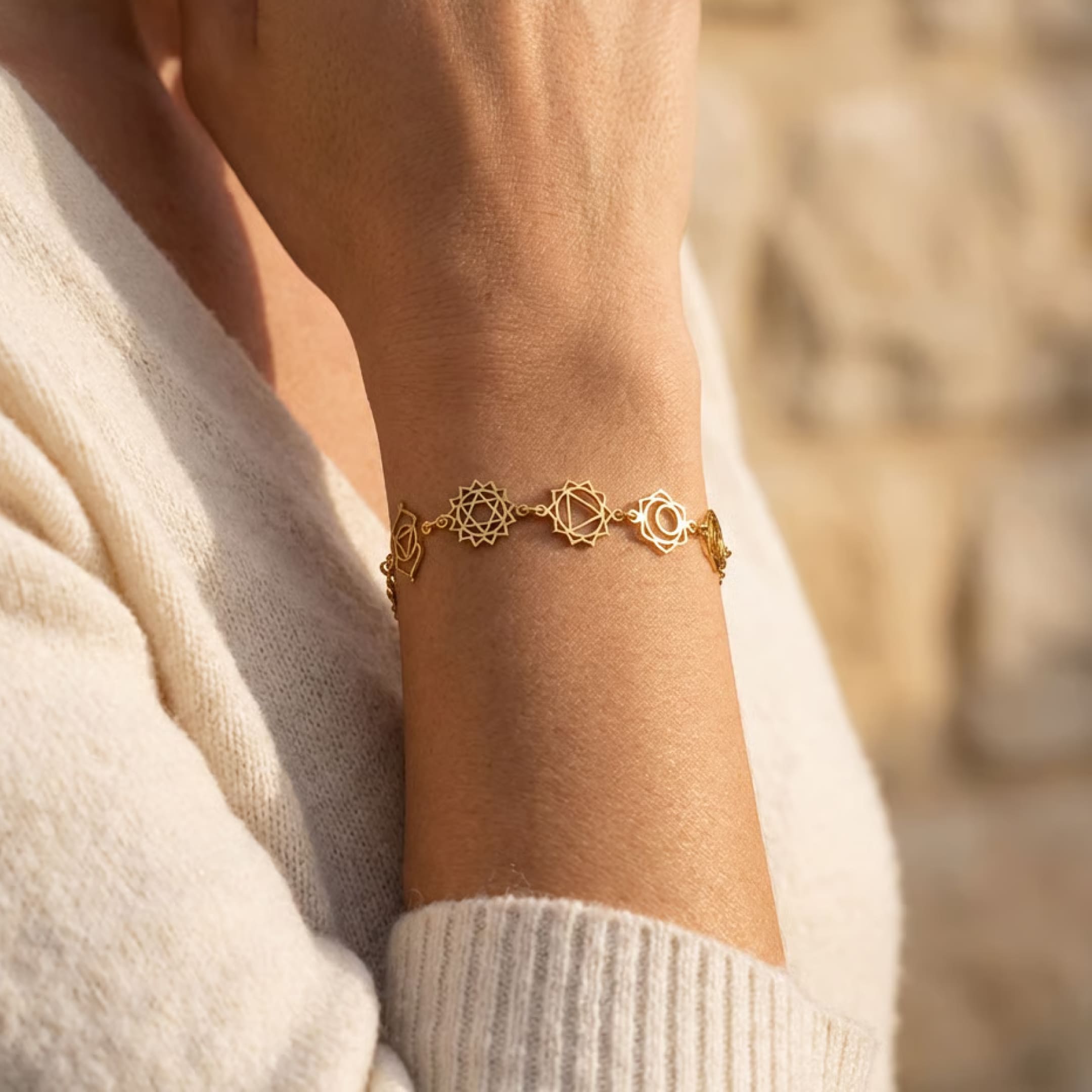 Close-up of "Alignment" Bracelet – 7 Chakra Symbols - KARMAKIND