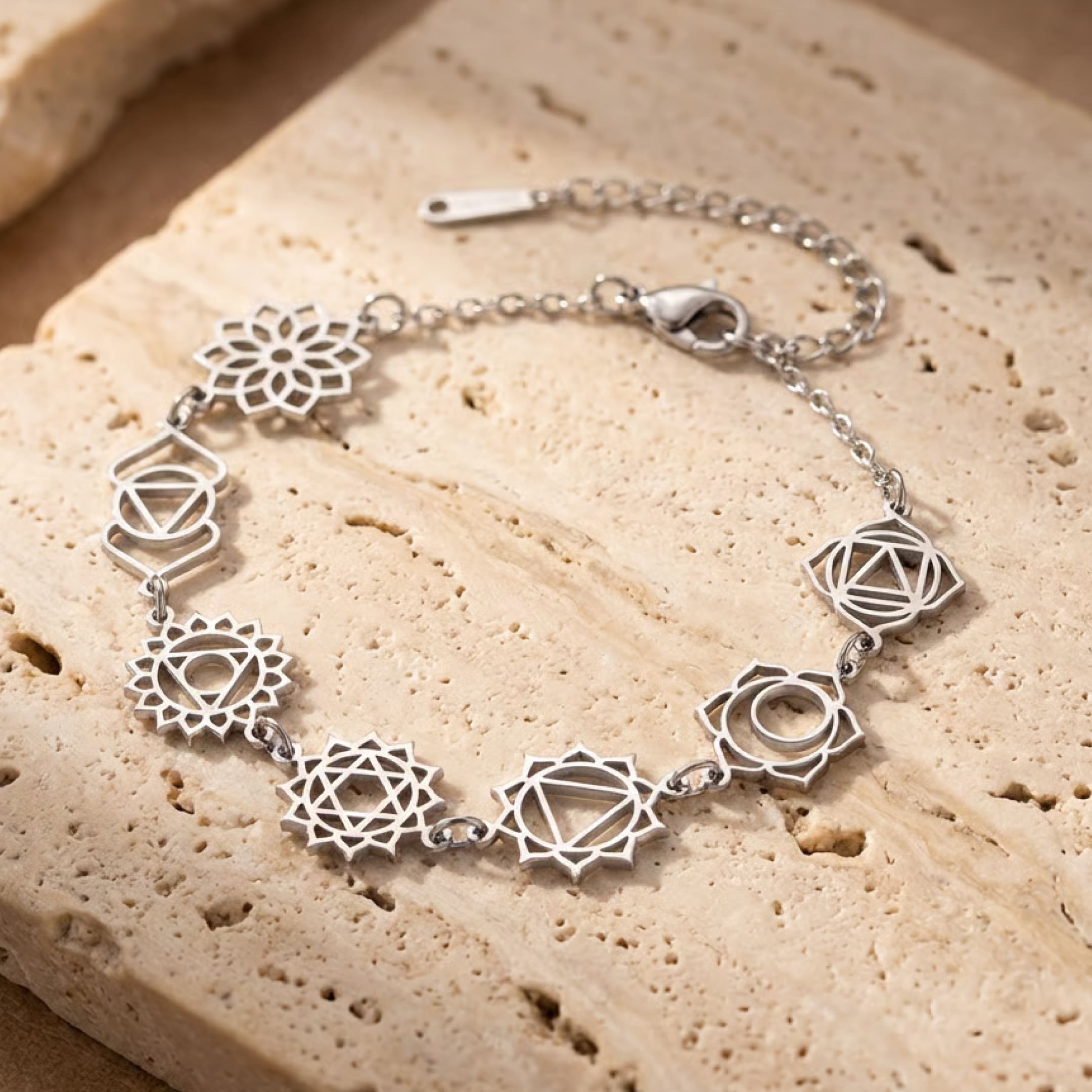 Model wearing "Alignment" Bracelet – 7 Chakra Symbols - KARMAKIND
