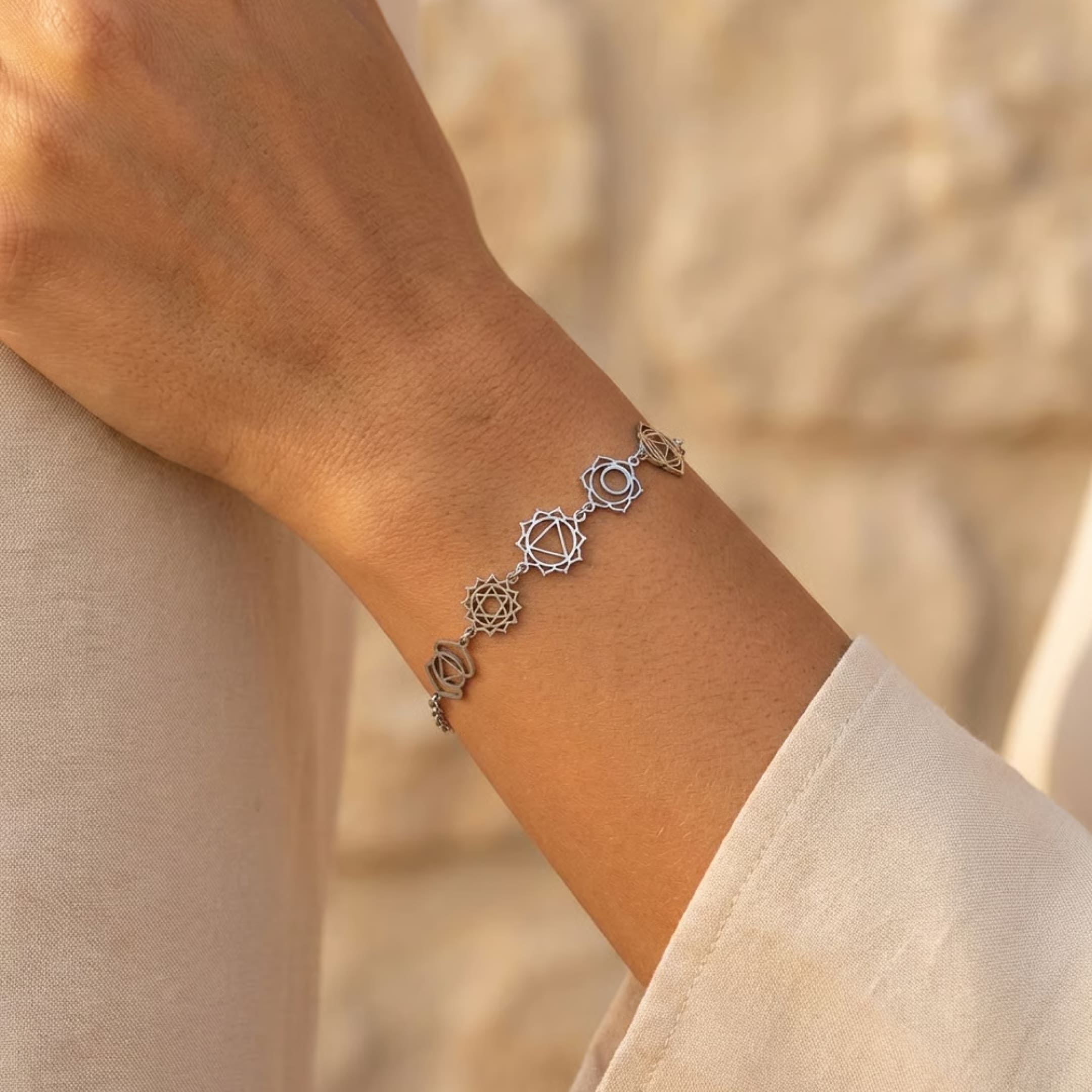 Detail of the 7 chakra symbols on the bracelet - KARMAKIND