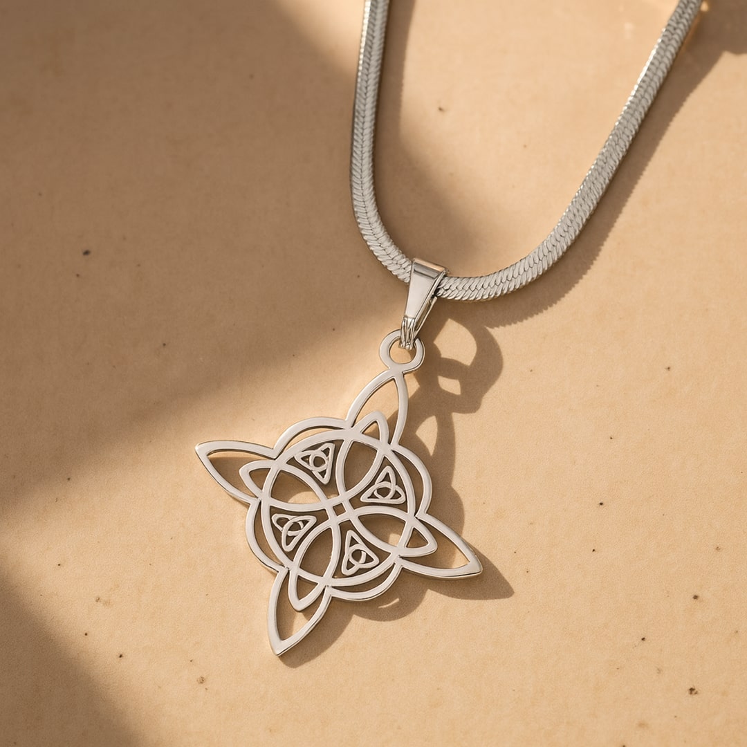 Close-up of the Witch's Knot design on the pendant - KARMAKIND
