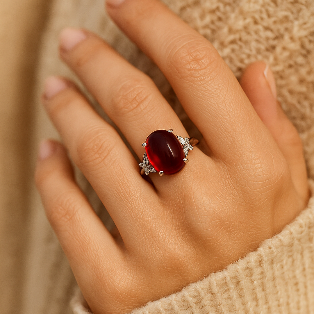 Hand wearing the adjustable Garnet ring - KARMAKIND