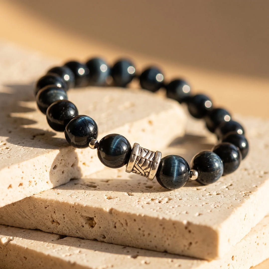 Hawk's Eye Bracelet with silver detail - KARMAKIND