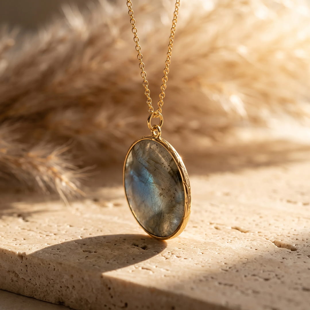 Golden setting detail of the Labradorite pendant - KARMAKIND