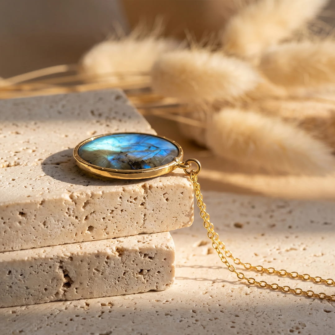 Labradorite pendant styled with a simple outfit - KARMAKIND