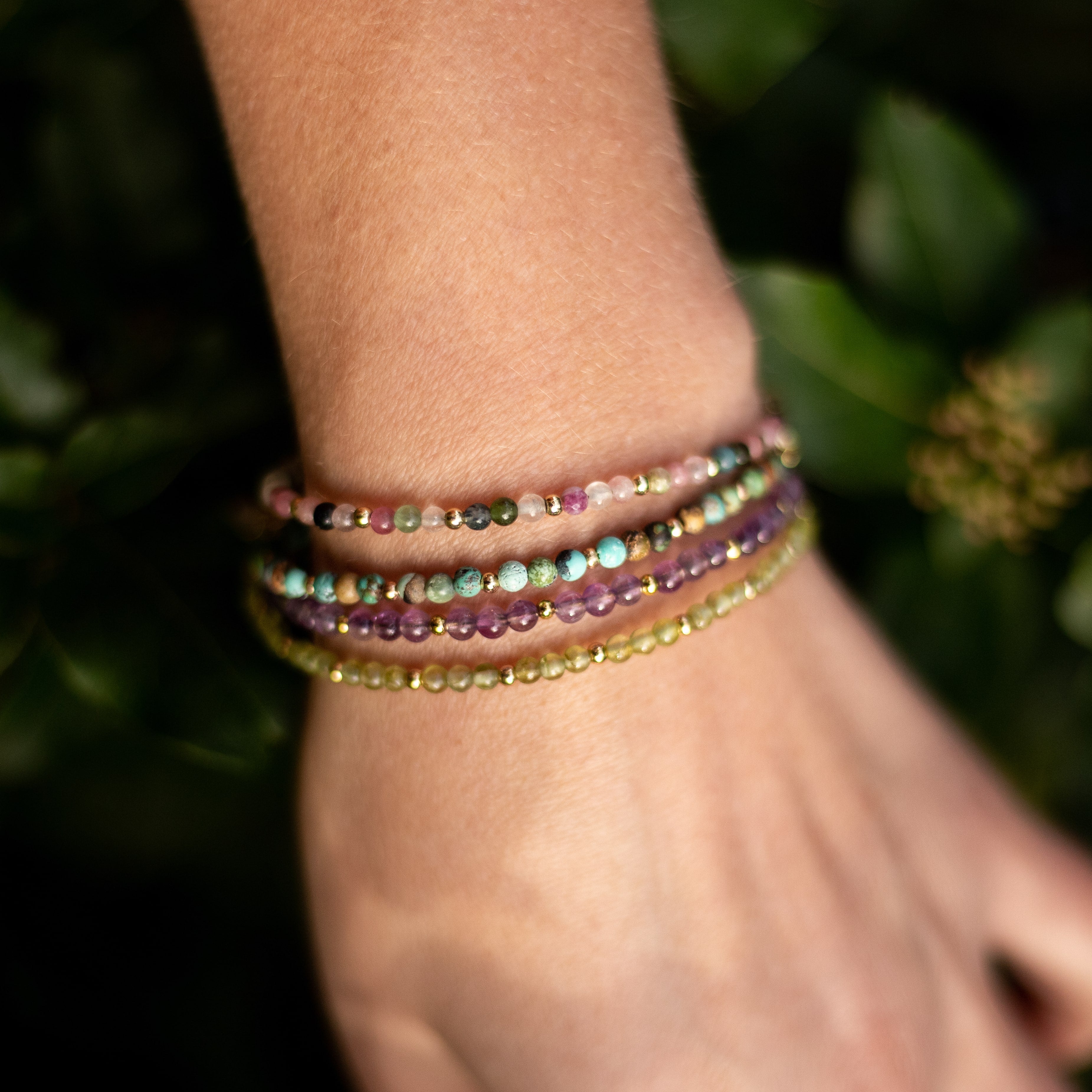 Close-up of elegant fine natural stone bracelet beads - KARMAKIND