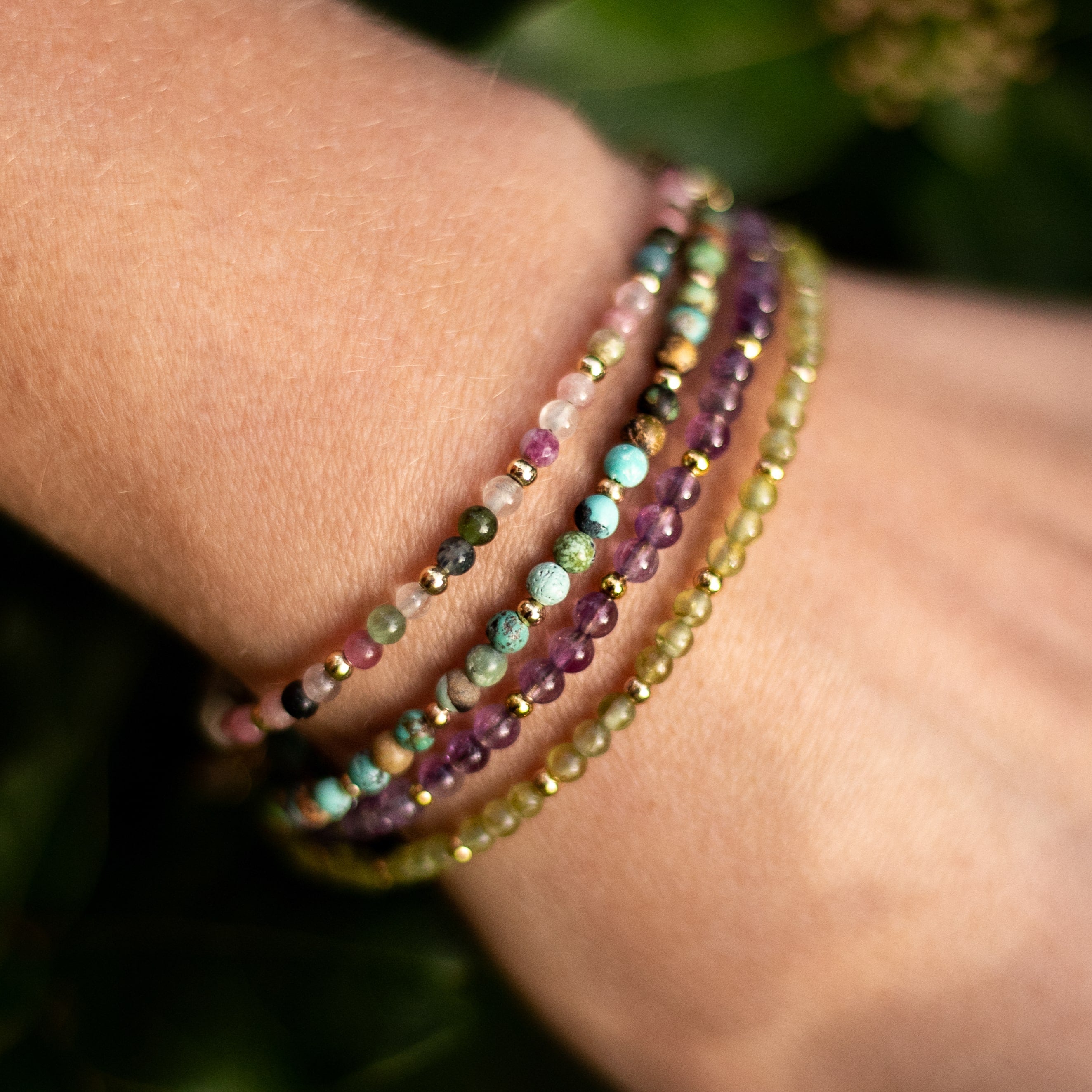 Stack of elegant fine natural stone bracelets - KARMAKIND