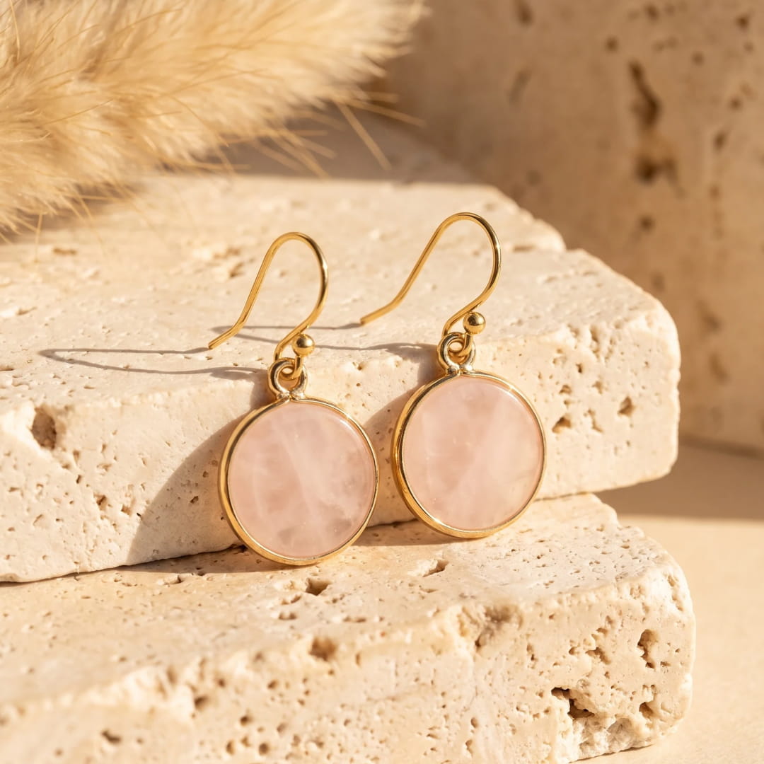 Elegant Rose Quartz and Green Aventurine Circle Earrings - KARMAKIND